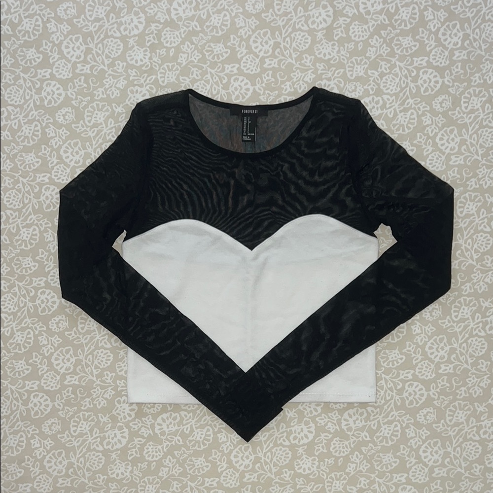 Forever 21 Black and White Mesh Long Sleeve Blouse